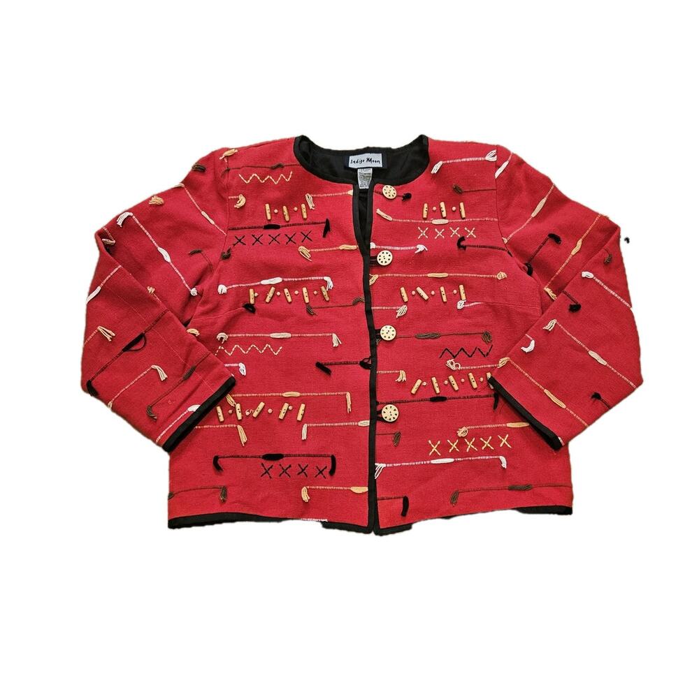 Vtg Indigo Moon Jacket Womens L Red Fringe Beaded Artsy Cottagecore Boho Cotton